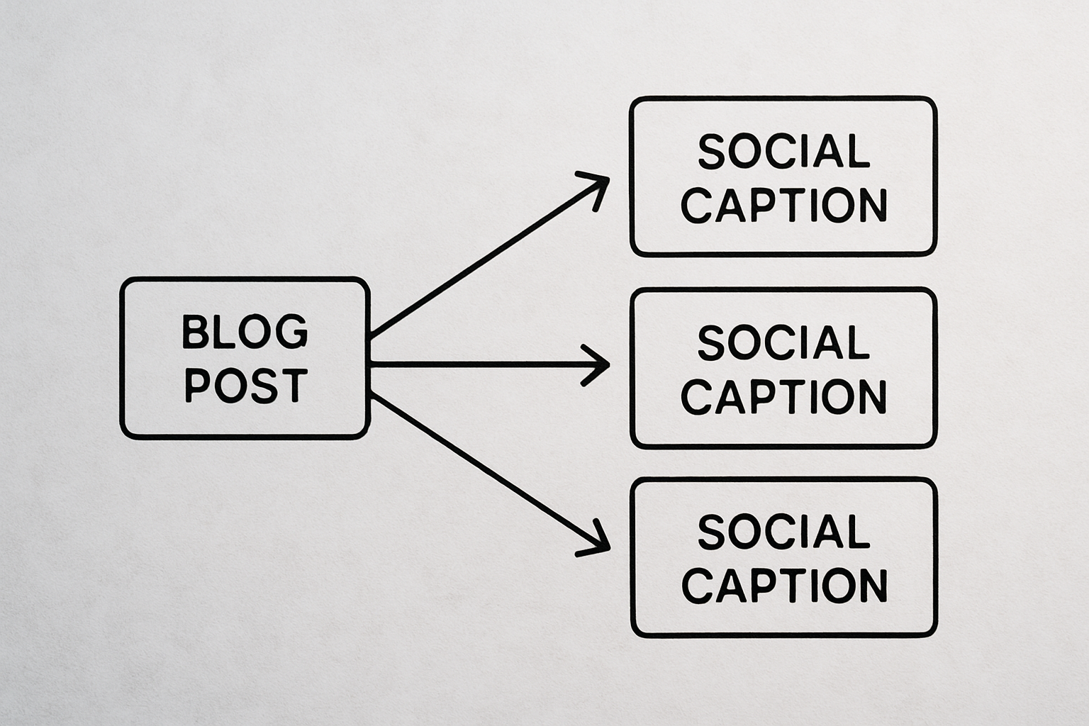A simple workflow diagram showing one blog post branching into multiple social captions