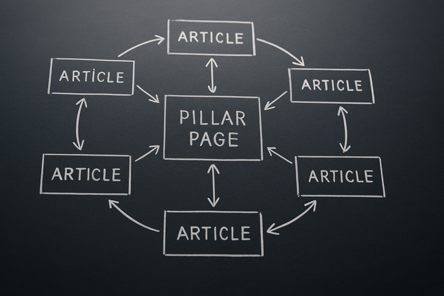Diagram of a pillar page surrounded by interlinked supporting articles forming a topic cluster