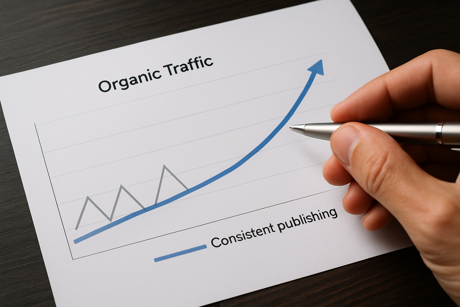 Line graph showing organic traffic growth from consistent weekly publishing vs. sporadic bursts