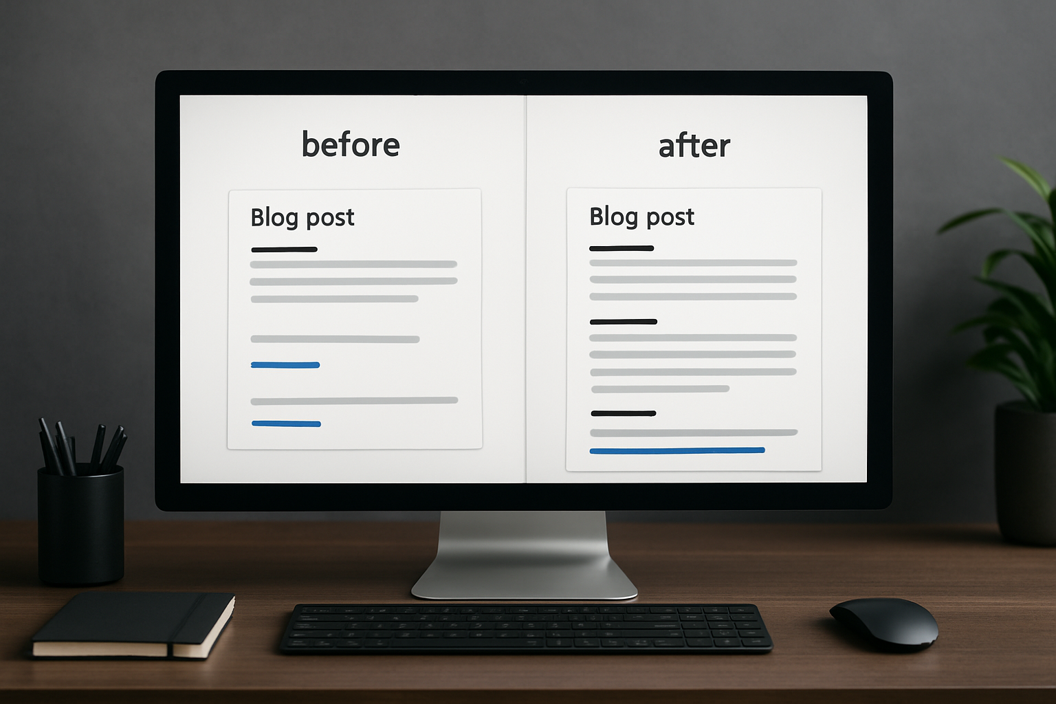 Before/after graphic of a blog post being updated with new sections and internal links