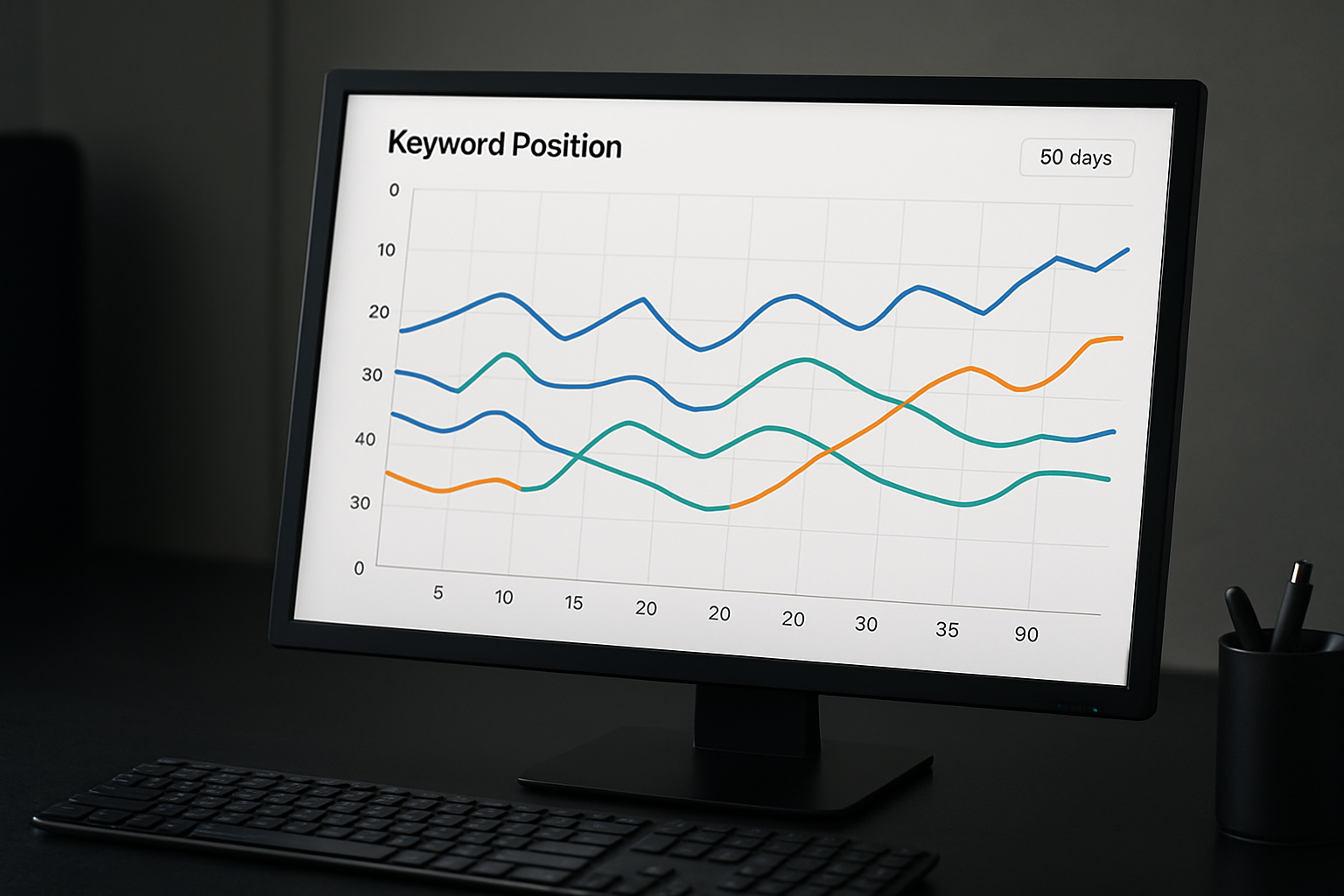 Dashboard screenshot mockup showing keyword position trend lines over 30 days