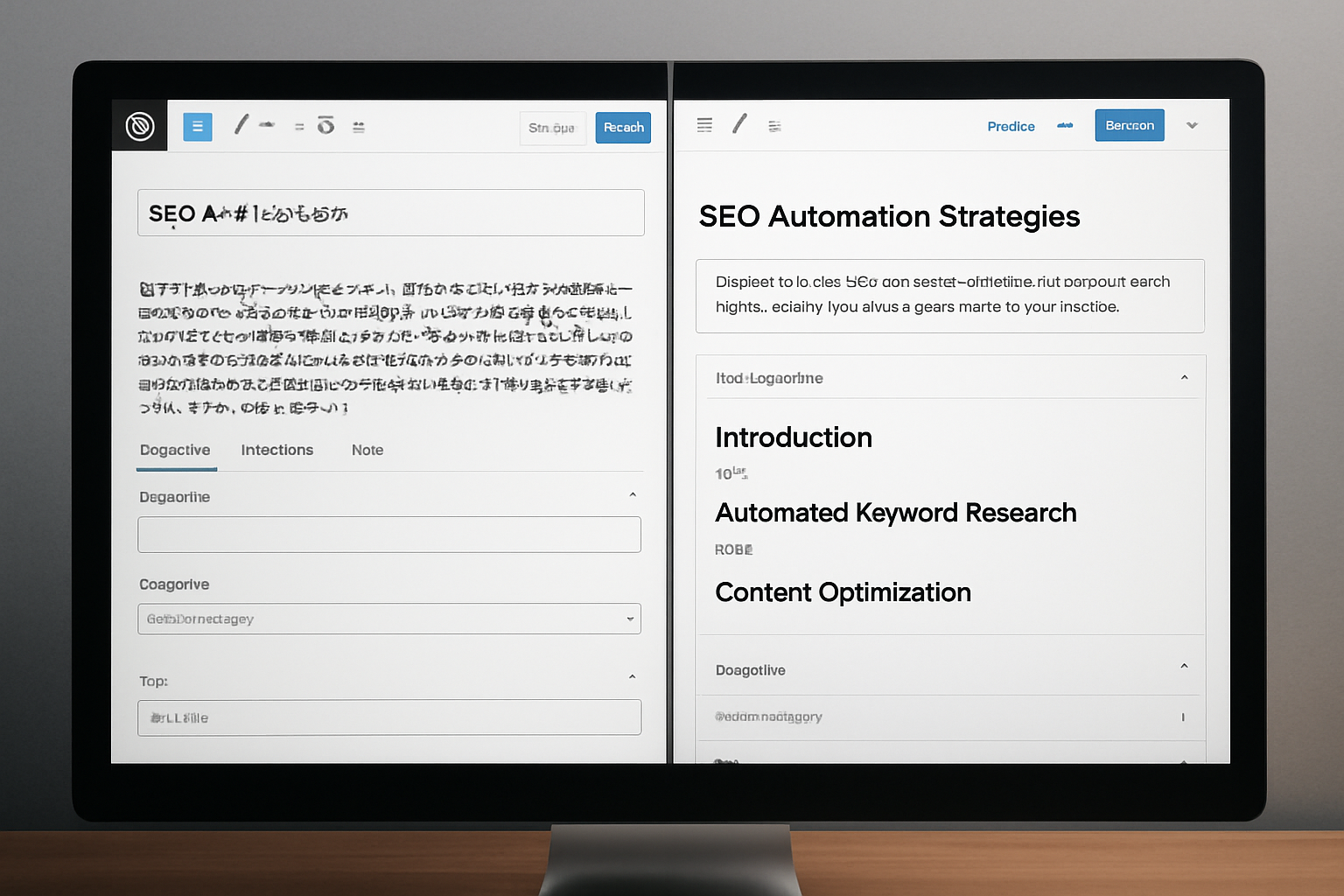 Split-screen showing a cluttered WordPress editor next to a clean, optimized post with title, meta description, and headings filled in